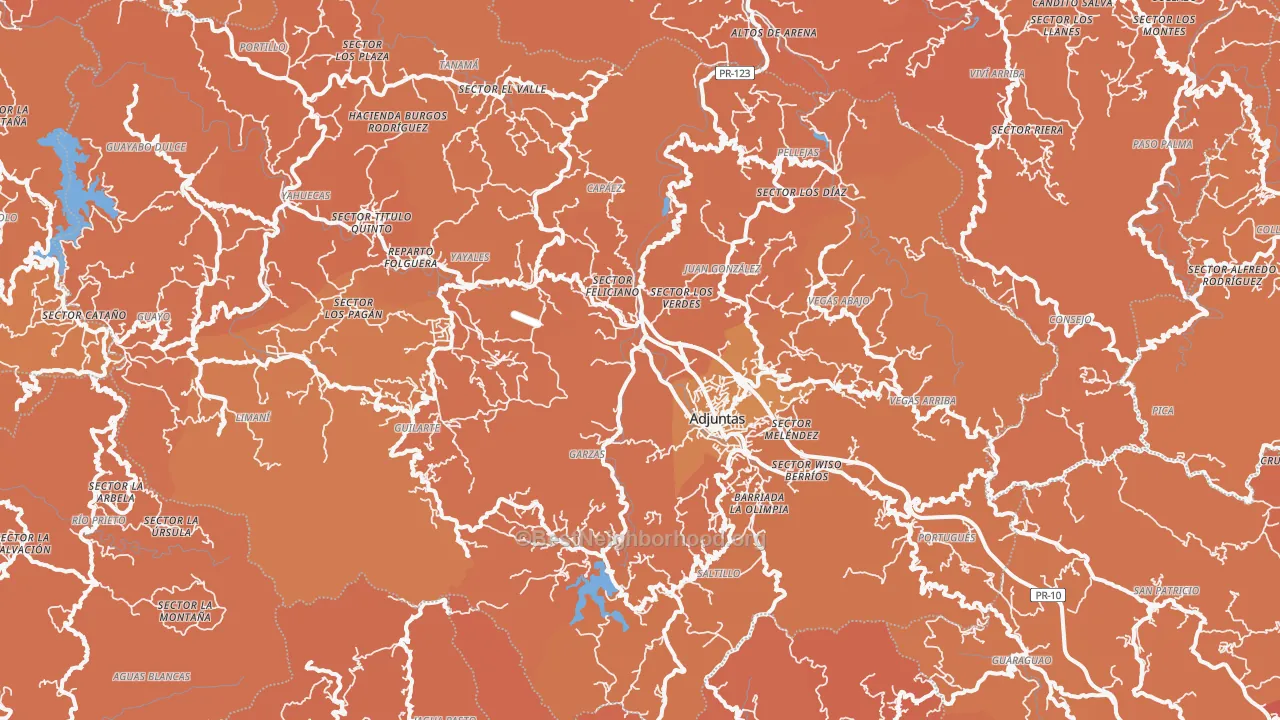 Map of the best neighborhoods in the 00601 area, with better matches in green and worse matches in red
