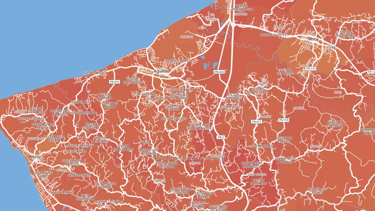 Map of the best neighborhoods in the 00602 area, with better matches in green and worse matches in red