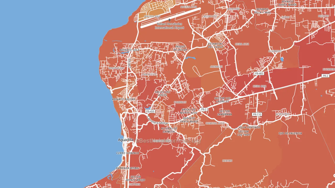 Map of the best neighborhoods in the 00603 area, with better matches in green and worse matches in red