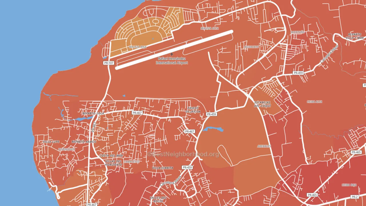 Map of the best neighborhoods in the 00604 area, with better matches in green and worse matches in red