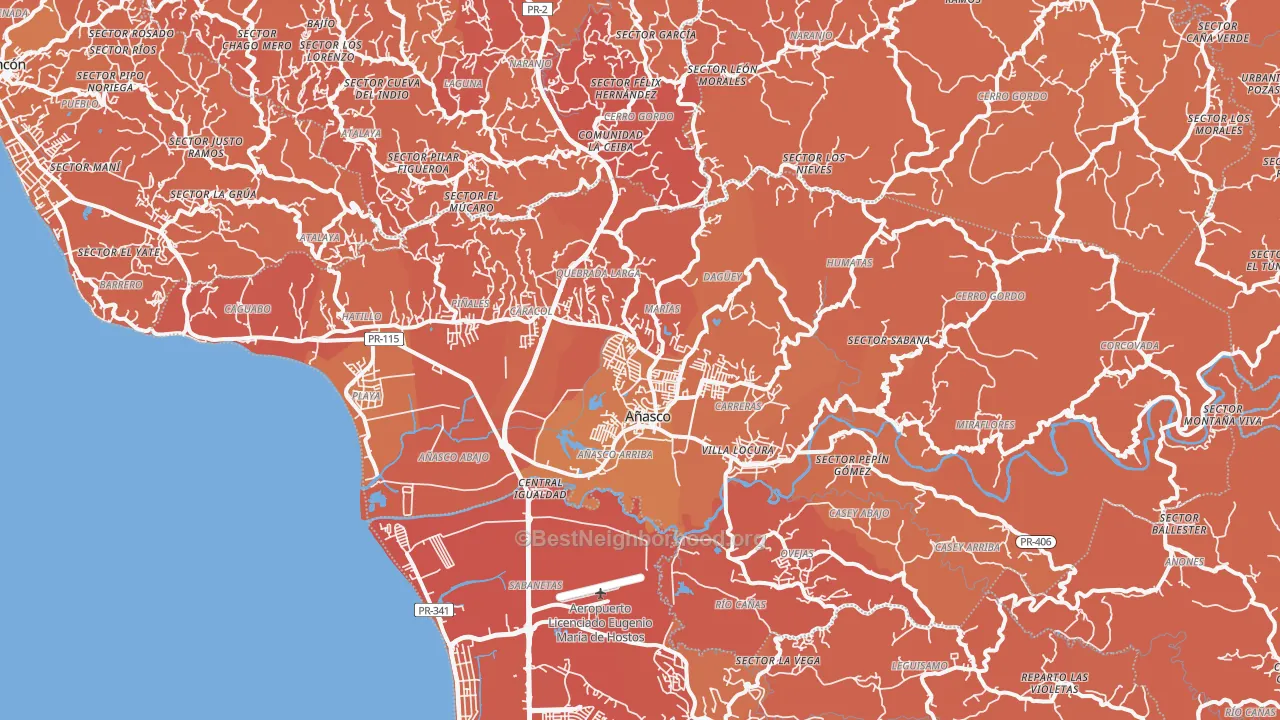 Map of the best neighborhoods in the 00610 area, with better matches in green and worse matches in red