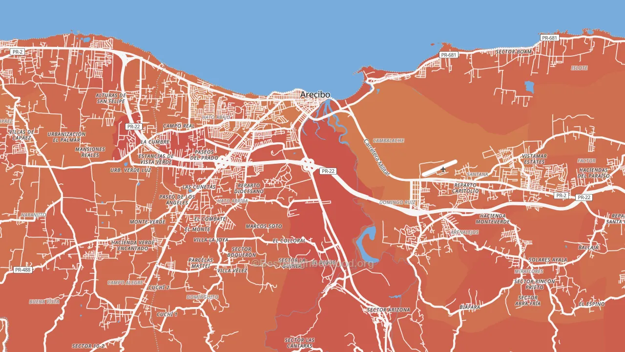 Map of the best neighborhoods in the 00612 area, with better matches in green and worse matches in red