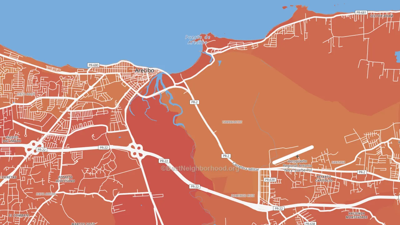 Map of the best neighborhoods in the 00614 area, with better matches in green and worse matches in red