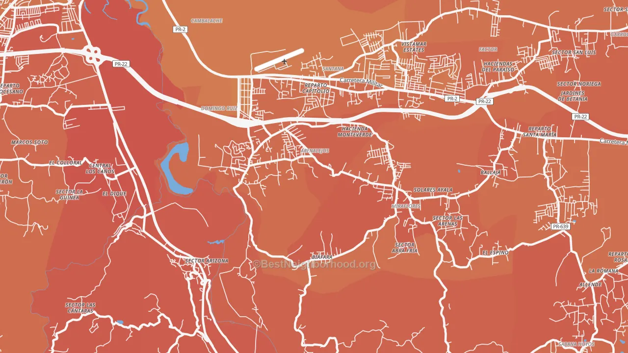 Map of the best neighborhoods in the 00616 area, with better matches in green and worse matches in red