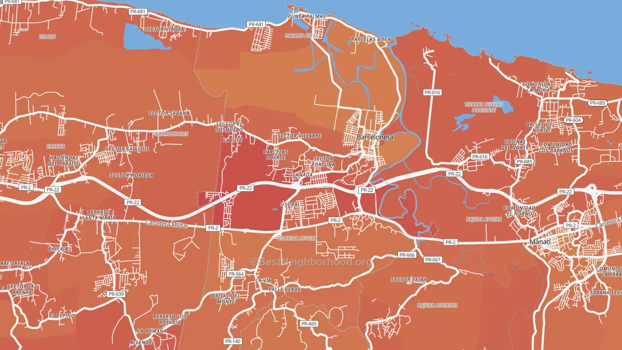 Map of the best neighborhoods in the 00617 area, with better matches in green and worse matches in red