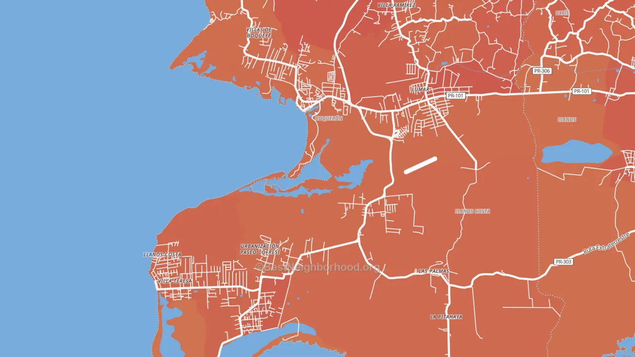 Map of the best neighborhoods in the 00622 area, with better matches in green and worse matches in red