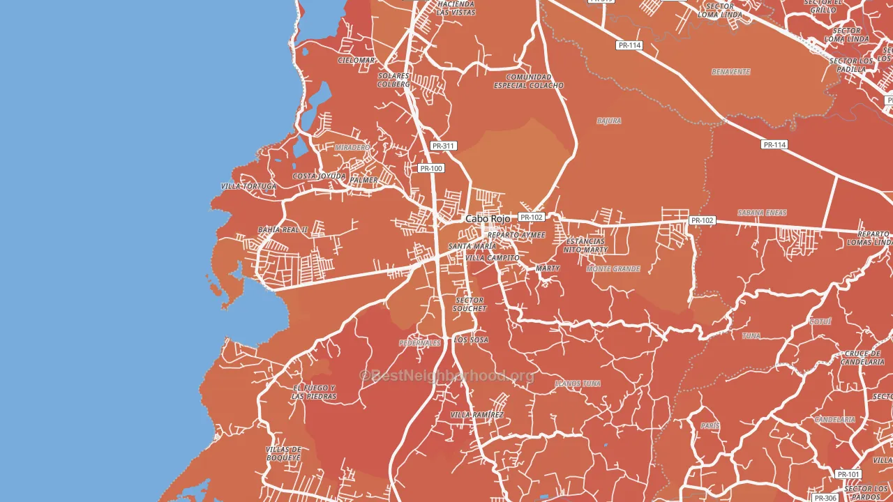 Map of the best neighborhoods in the 00623 area, with better matches in green and worse matches in red