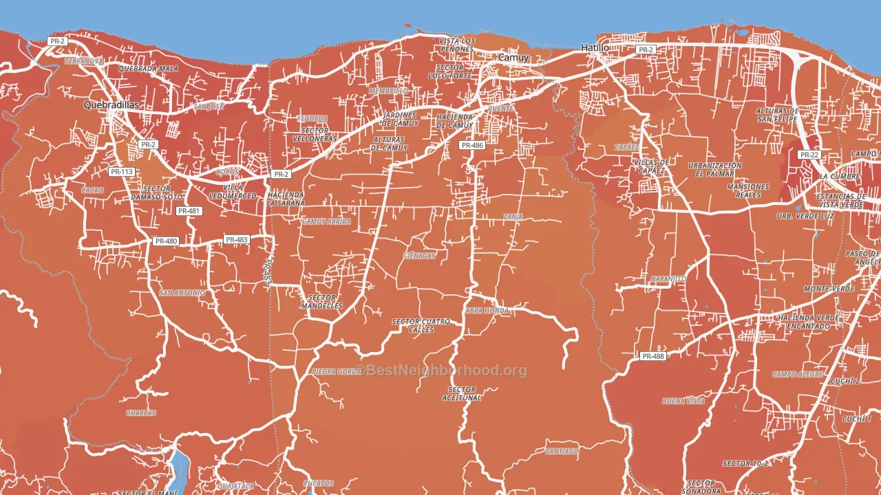 Map of the best neighborhoods in the 00627 area, with better matches in green and worse matches in red