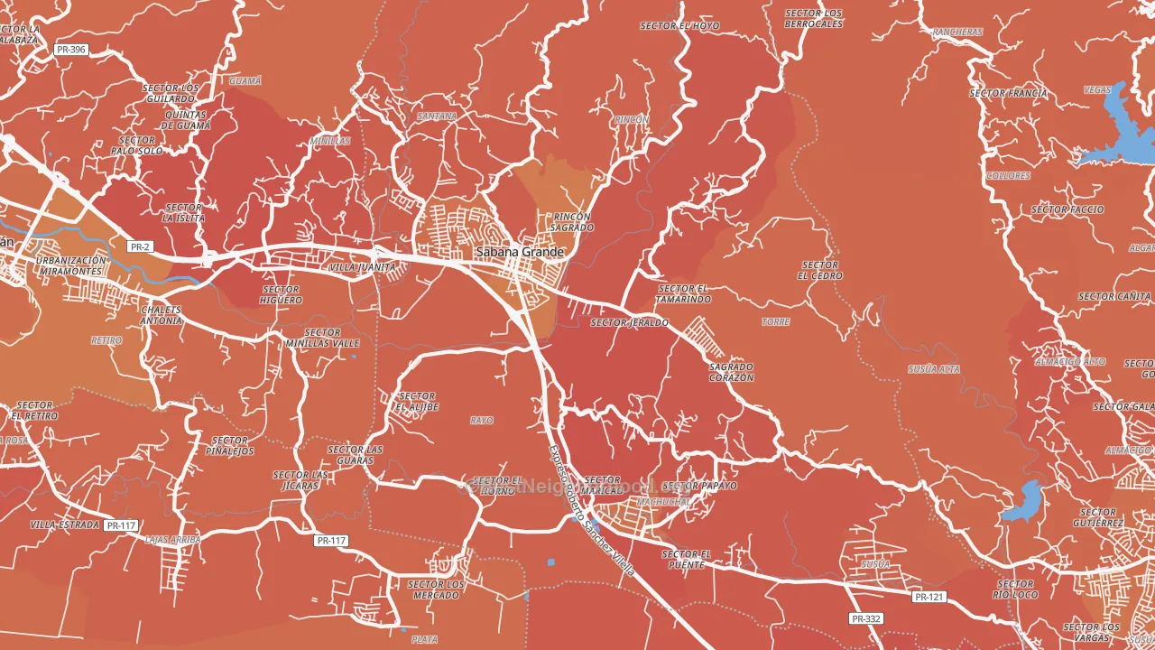 Map of the best neighborhoods in the 00637 area, with better matches in green and worse matches in red