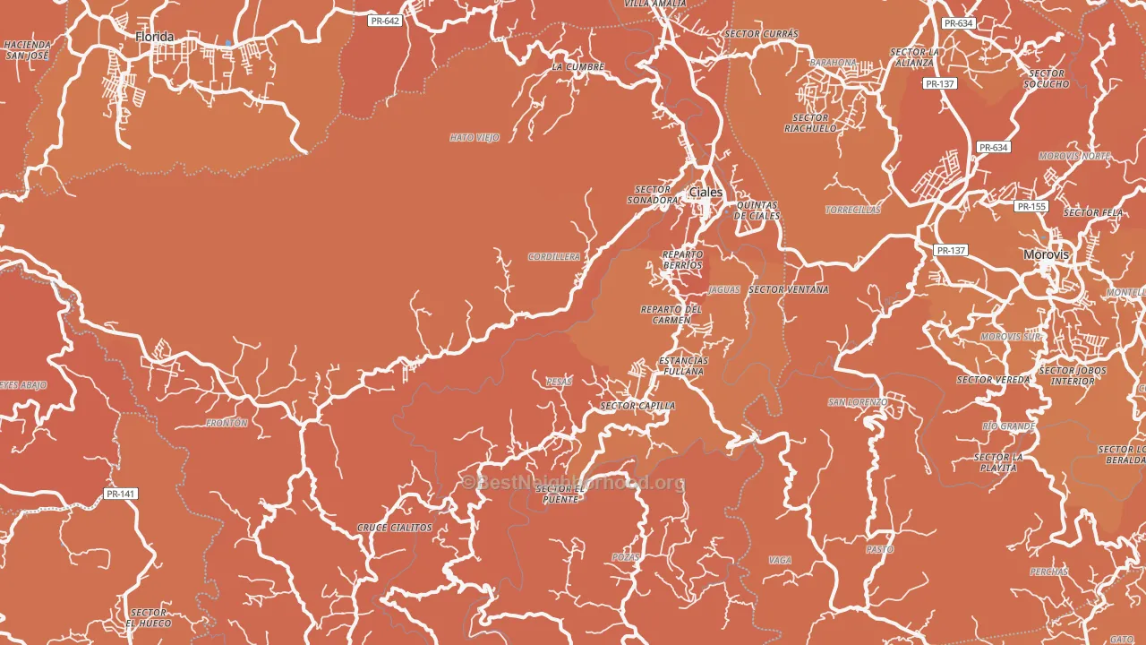 Map of the best neighborhoods in the 00638 area, with better matches in green and worse matches in red
