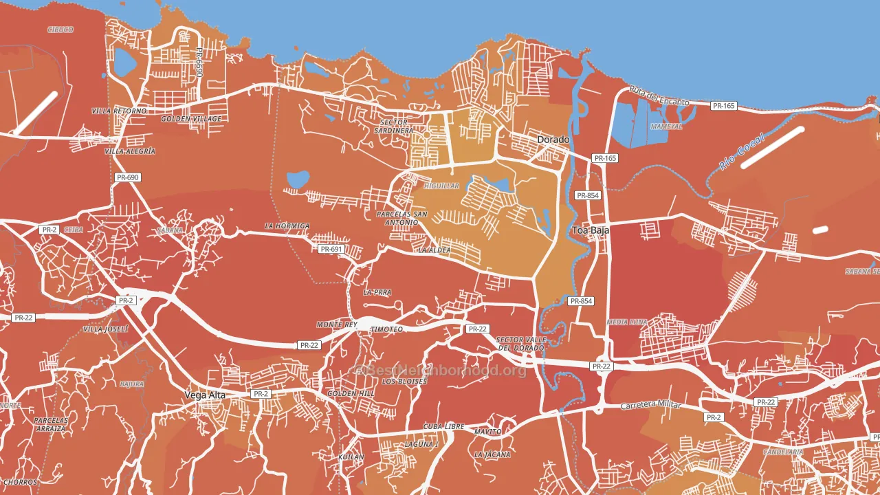 Map of the best neighborhoods in the 00646 area, with better matches in green and worse matches in red