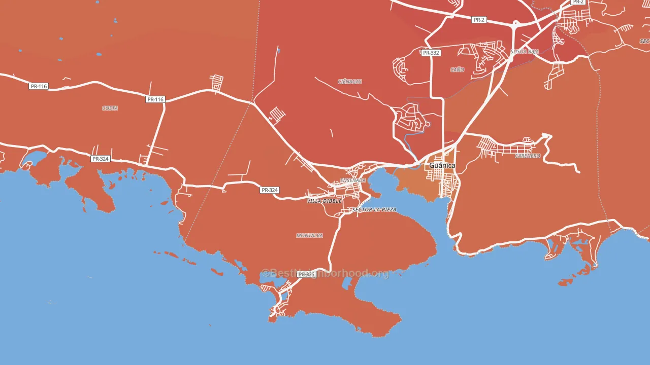 Map of the best neighborhoods in the 00647 area, with better matches in green and worse matches in red