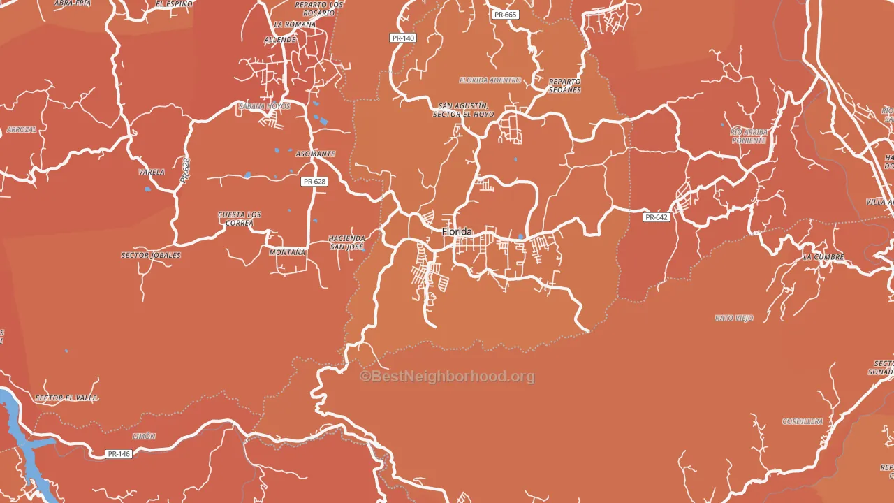 Map of the best neighborhoods in the 00650 area, with better matches in green and worse matches in red