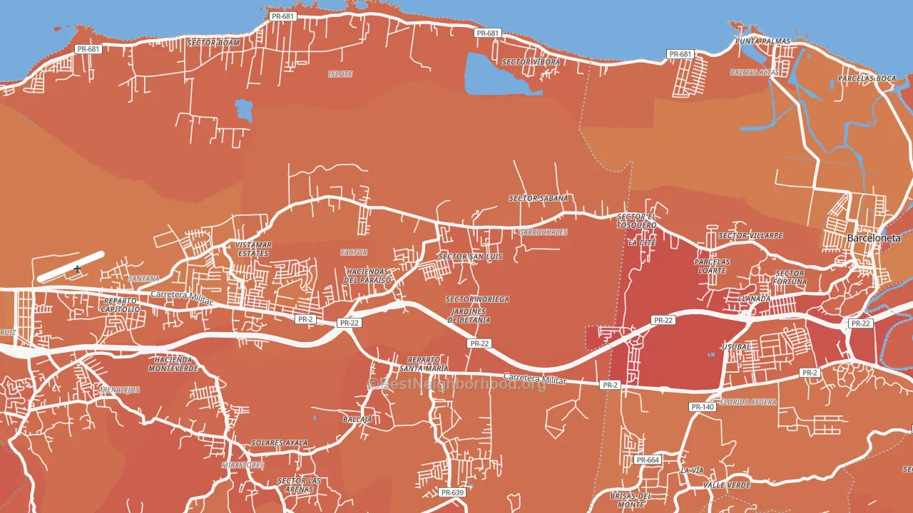 Map of the best neighborhoods in the 00652 area, with better matches in green and worse matches in red