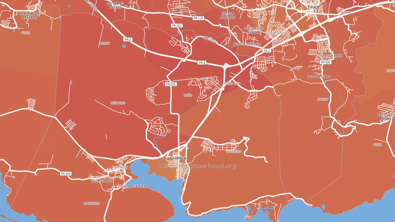 Map of the best neighborhoods in the 00653 area, with better matches in green and worse matches in red