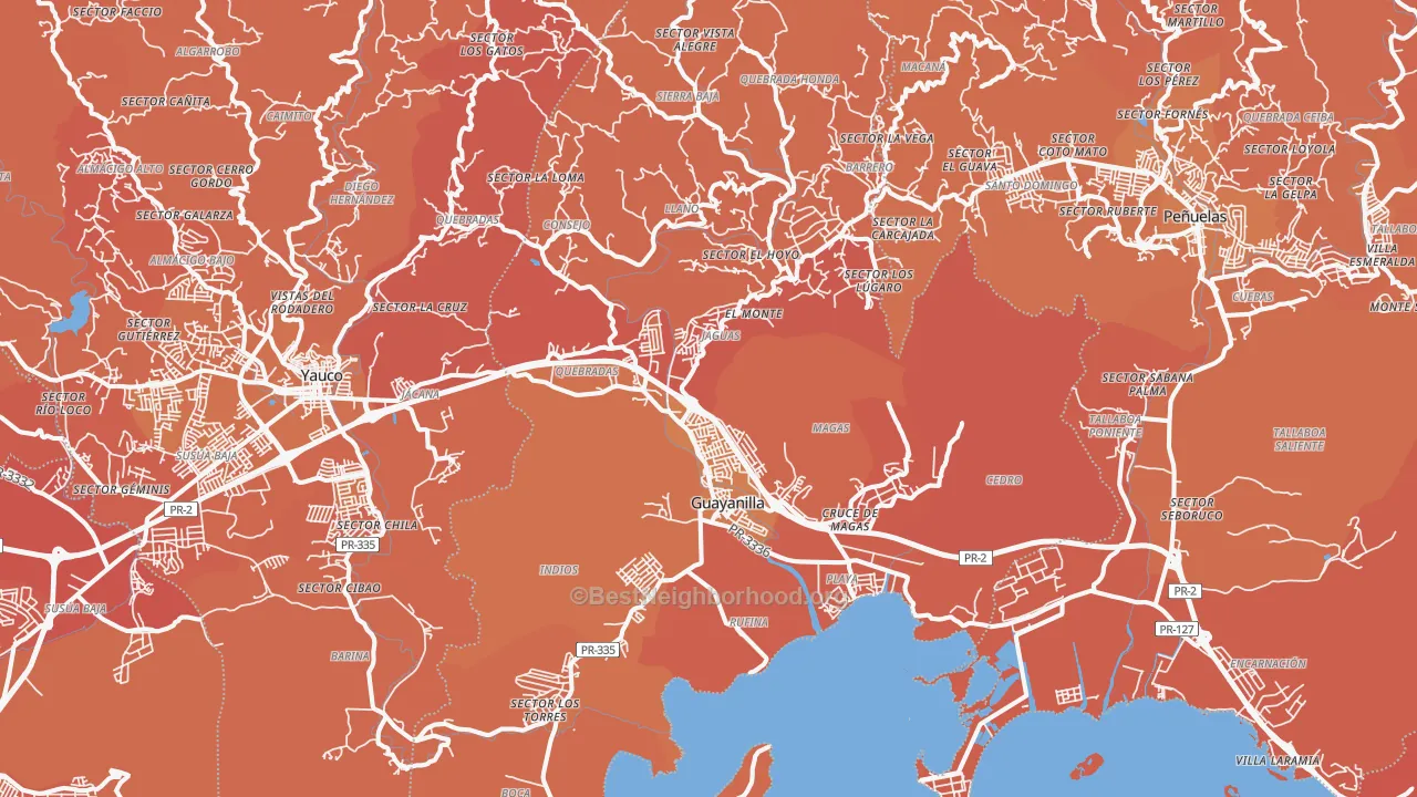 Map of the best neighborhoods in the 00656 area, with better matches in green and worse matches in red