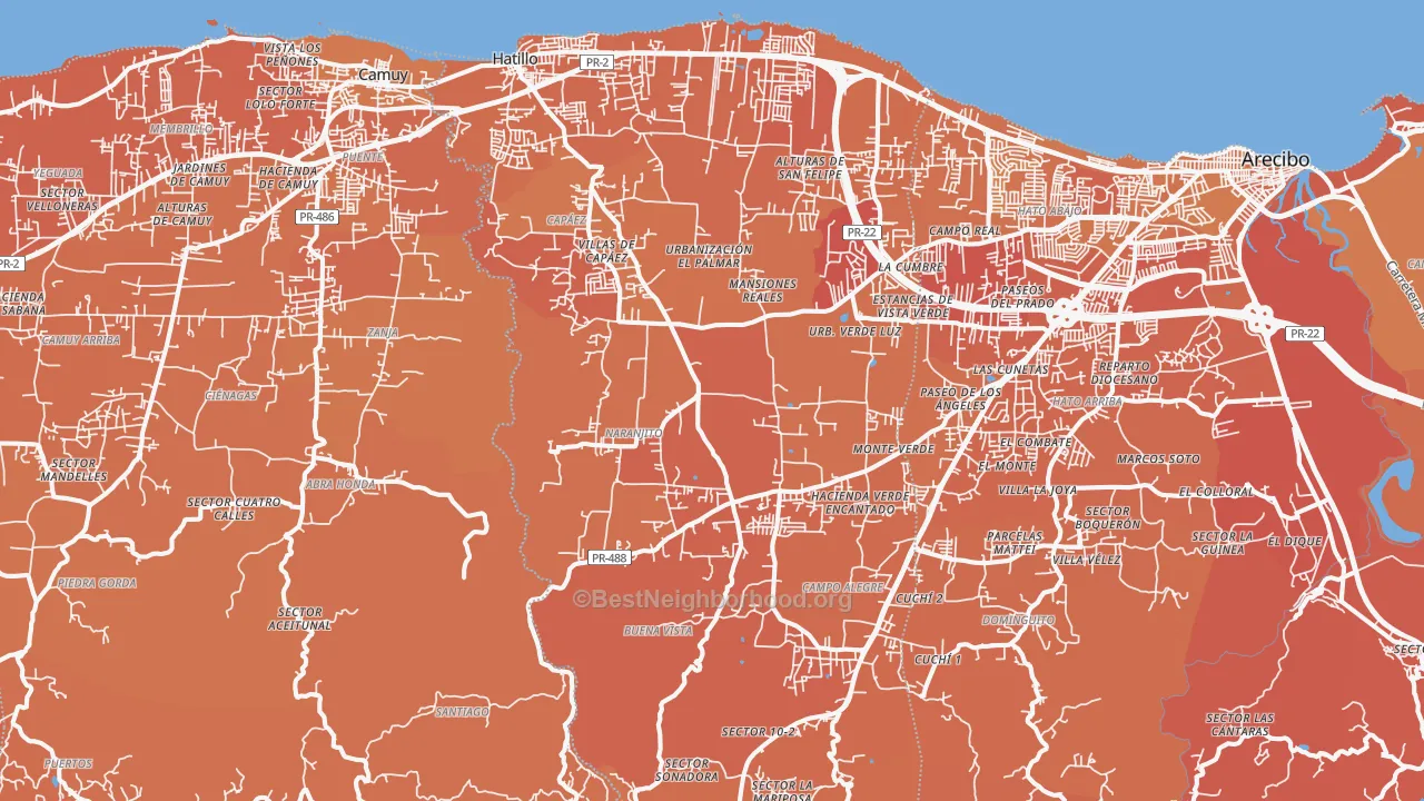 Map of the best neighborhoods in the 00659 area, with better matches in green and worse matches in red