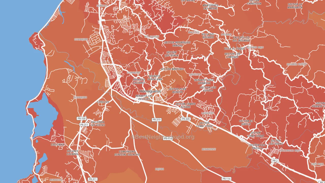 Map of the best neighborhoods in the 00660 area, with better matches in green and worse matches in red
