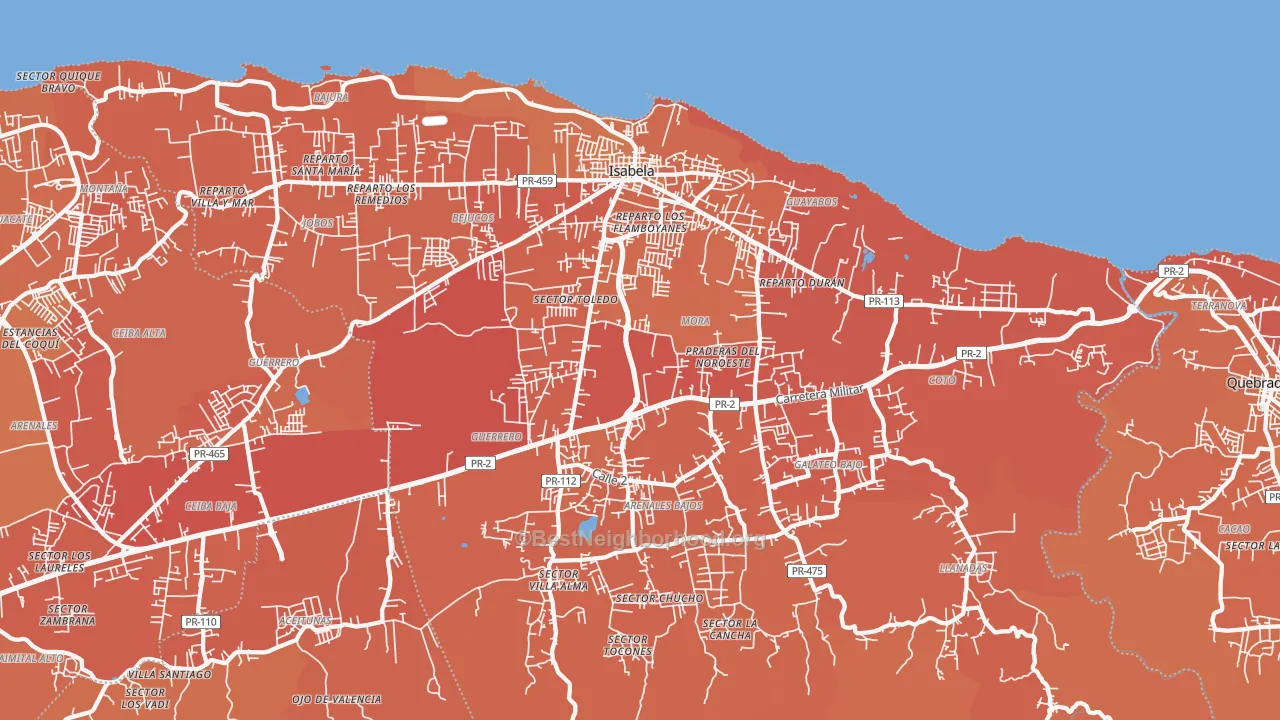 Map of the best neighborhoods in the 00662 area, with better matches in green and worse matches in red