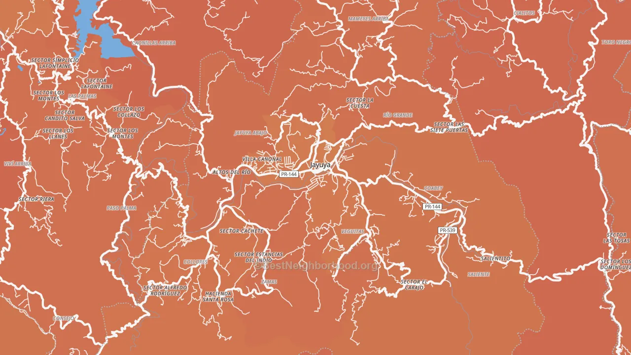 Map of the best neighborhoods in the 00664 area, with better matches in green and worse matches in red