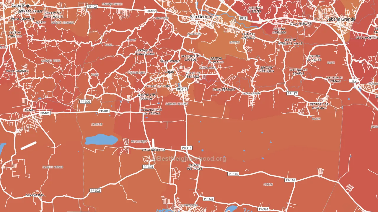 Map of the best neighborhoods in the 00667 area, with better matches in green and worse matches in red
