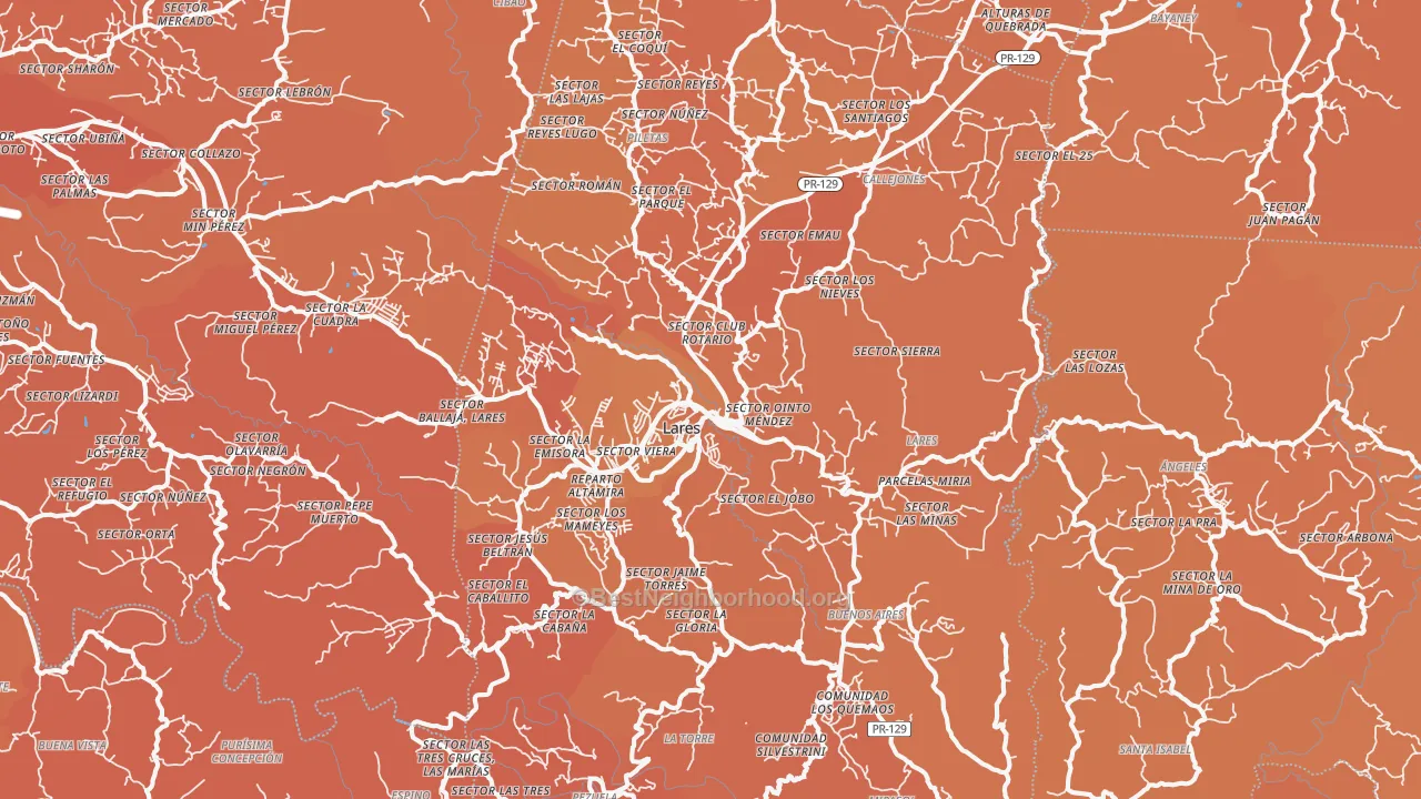 Map of the best neighborhoods in the 00669 area, with better matches in green and worse matches in red