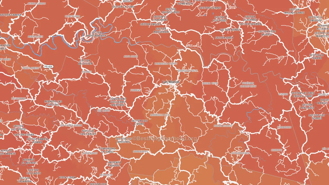 Map of the best neighborhoods in the 00670 area, with better matches in green and worse matches in red