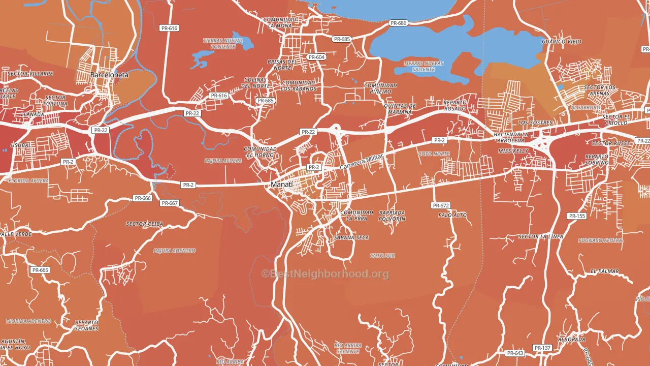 Map of the best neighborhoods in the 00674 area, with better matches in green and worse matches in red