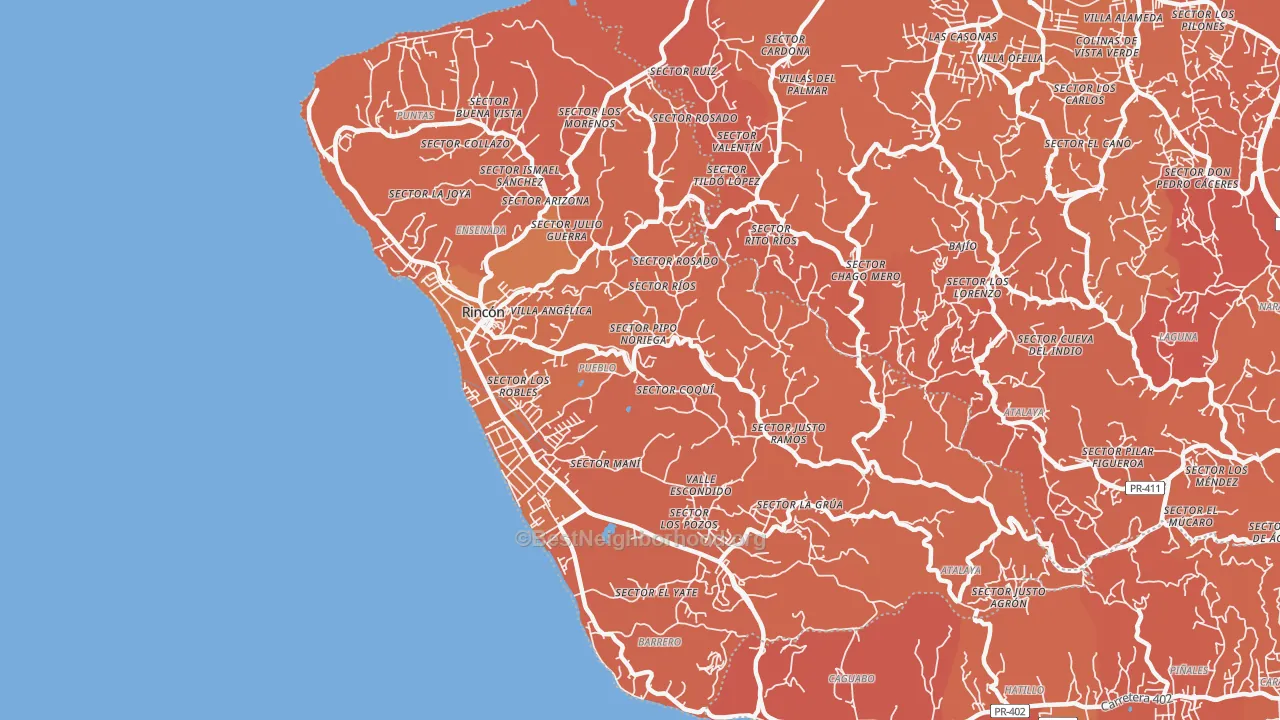 Map of the best neighborhoods in the 00677 area, with better matches in green and worse matches in red