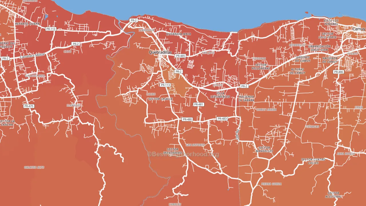 Map of the best neighborhoods in the 00678 area, with better matches in green and worse matches in red