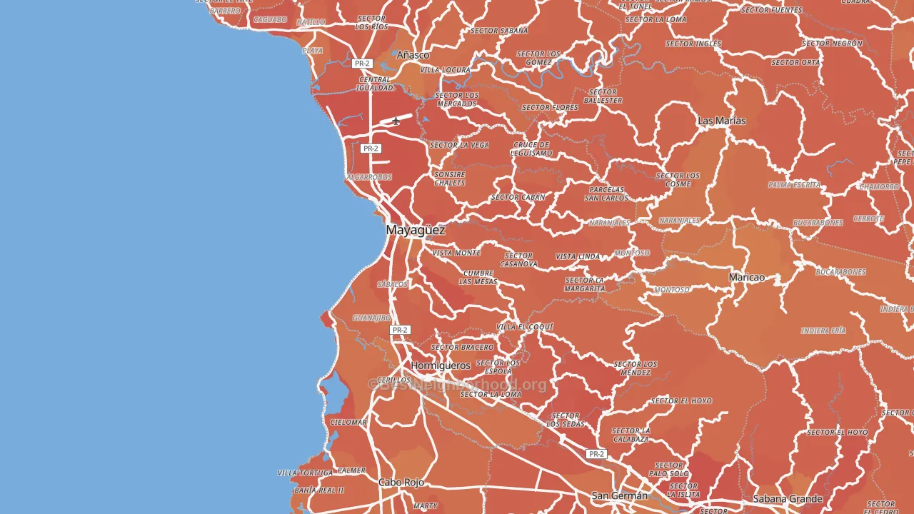 Map of the best neighborhoods in the 00680 area, with better matches in green and worse matches in red