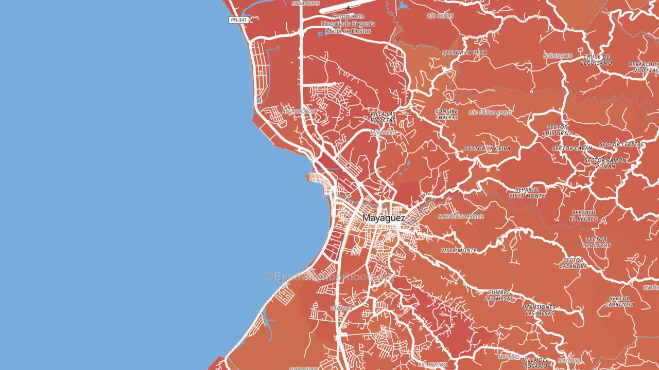 Map of the best neighborhoods in the 00682 area, with better matches in green and worse matches in red