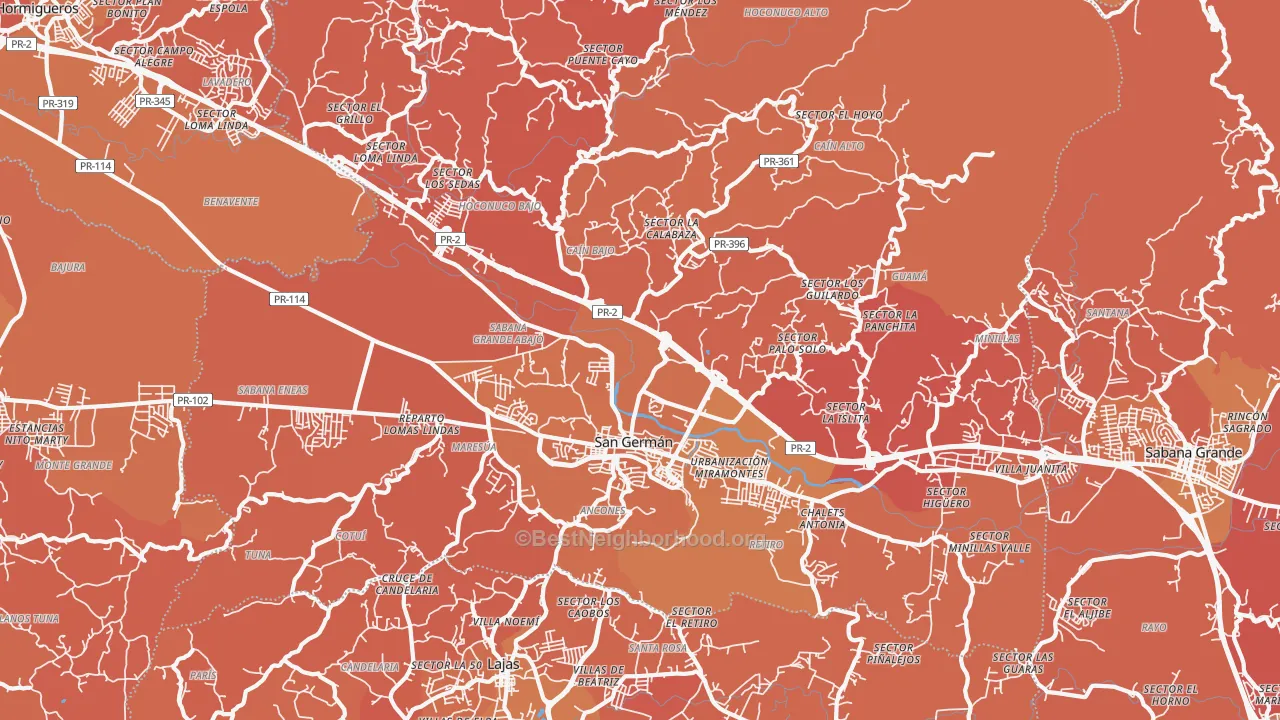 Map of the best neighborhoods in the 00683 area, with better matches in green and worse matches in red