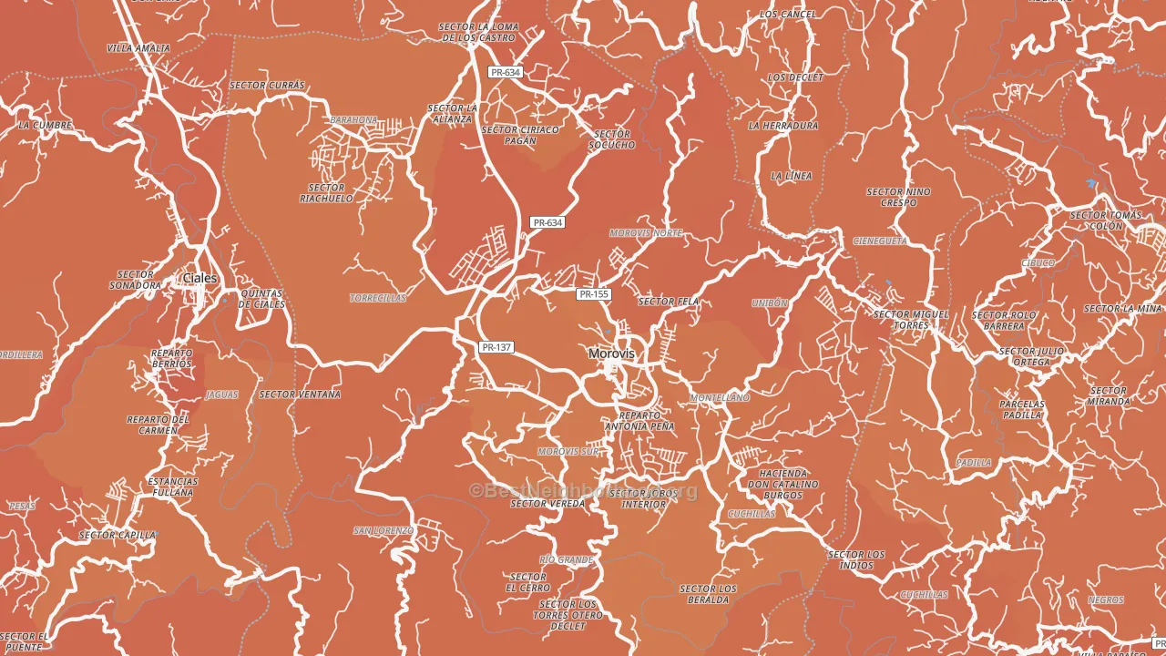 Map of the best neighborhoods in the 00687 area, with better matches in green and worse matches in red