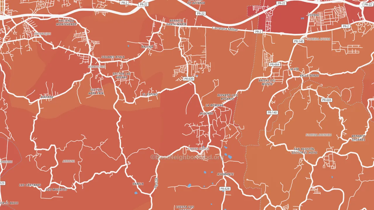Map of the best neighborhoods in the 00688 area, with better matches in green and worse matches in red