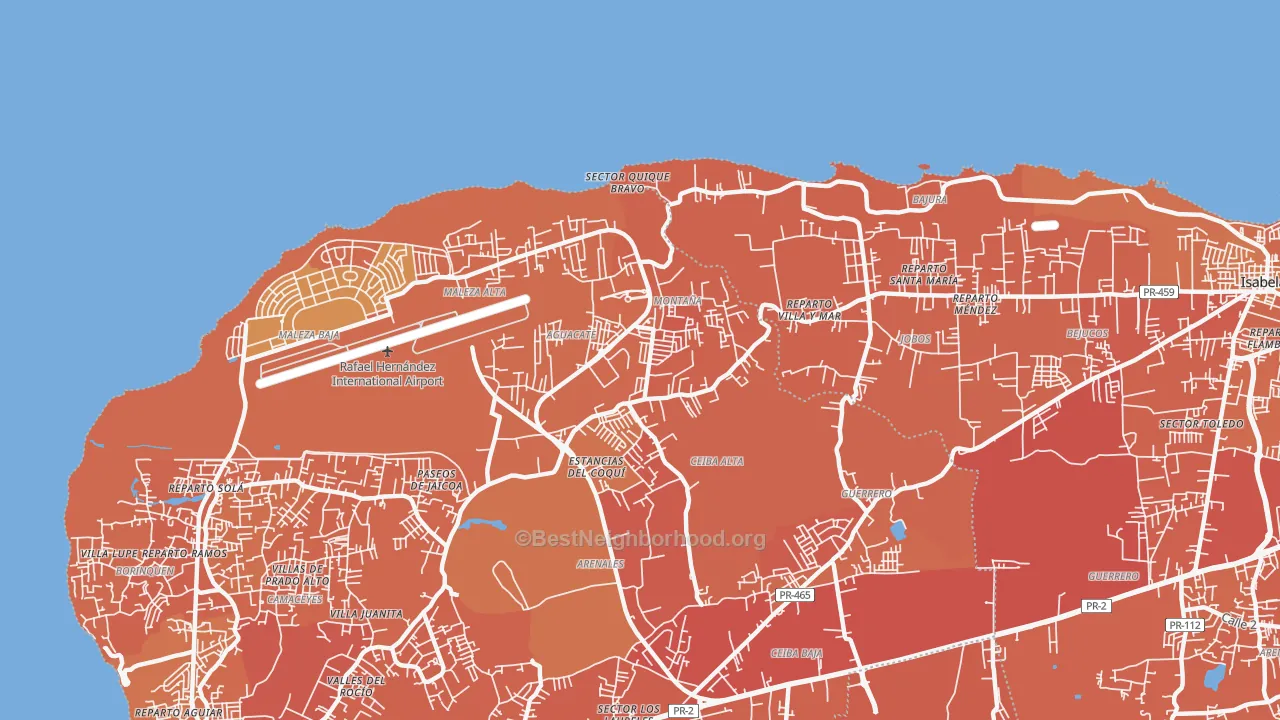 Map of the best neighborhoods in the 00690 area, with better matches in green and worse matches in red