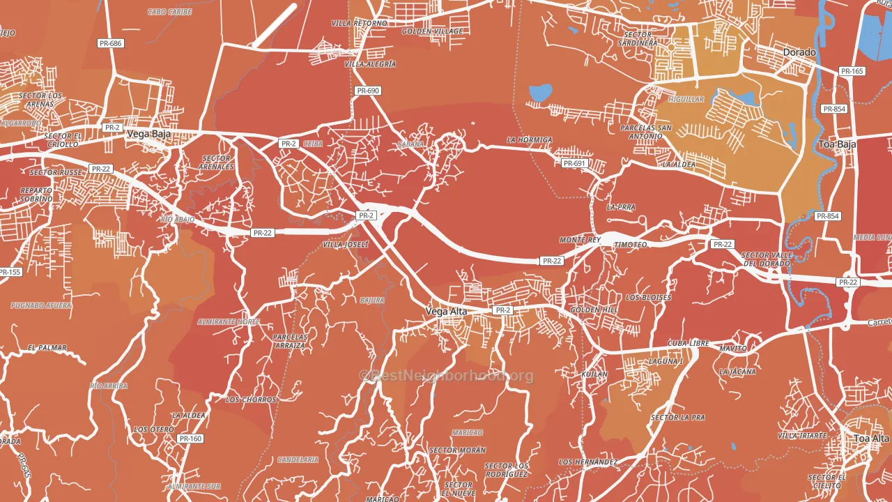 Map of the best neighborhoods in the 00692 area, with better matches in green and worse matches in red