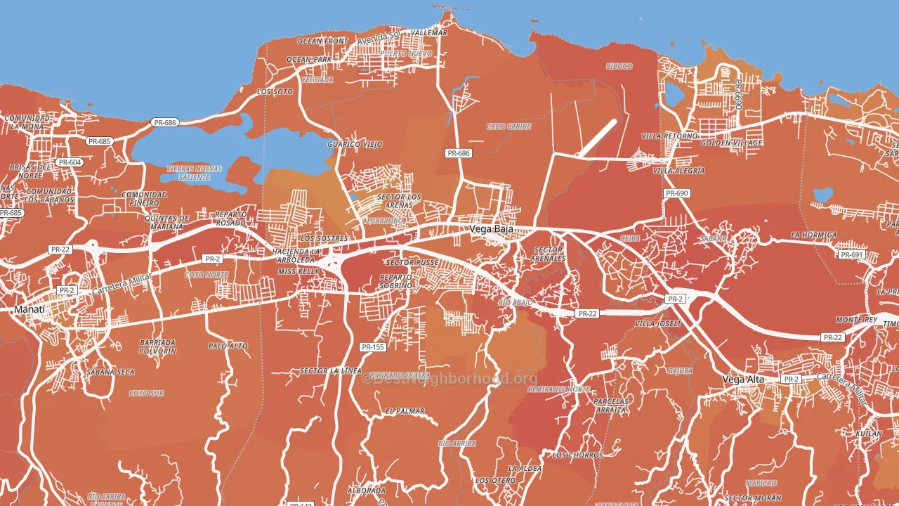 Map of the best neighborhoods in the 00693 area, with better matches in green and worse matches in red