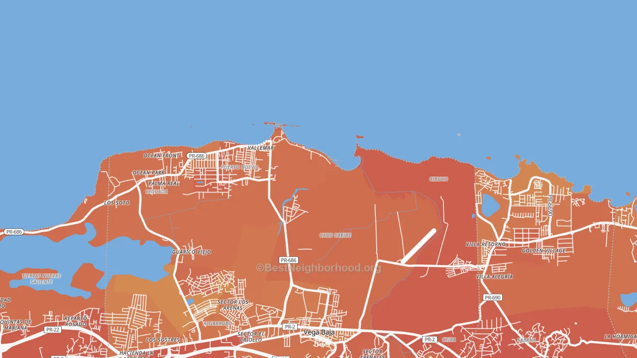 Map of the best neighborhoods in the 00694 area, with better matches in green and worse matches in red