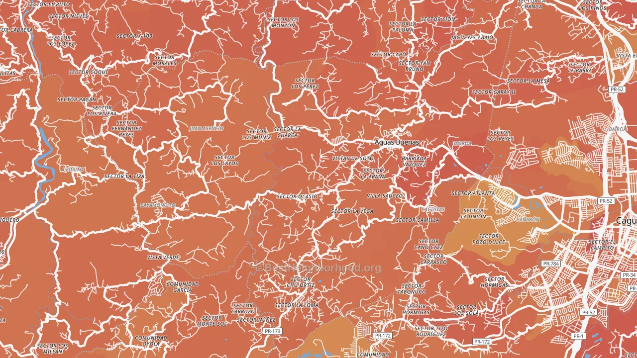Map of the best neighborhoods in the 00703 area, with better matches in green and worse matches in red