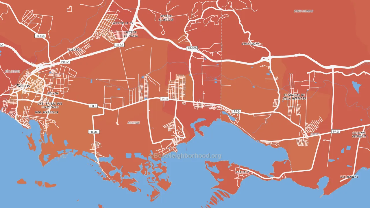 Map of the best neighborhoods in the 00704 area, with better matches in green and worse matches in red