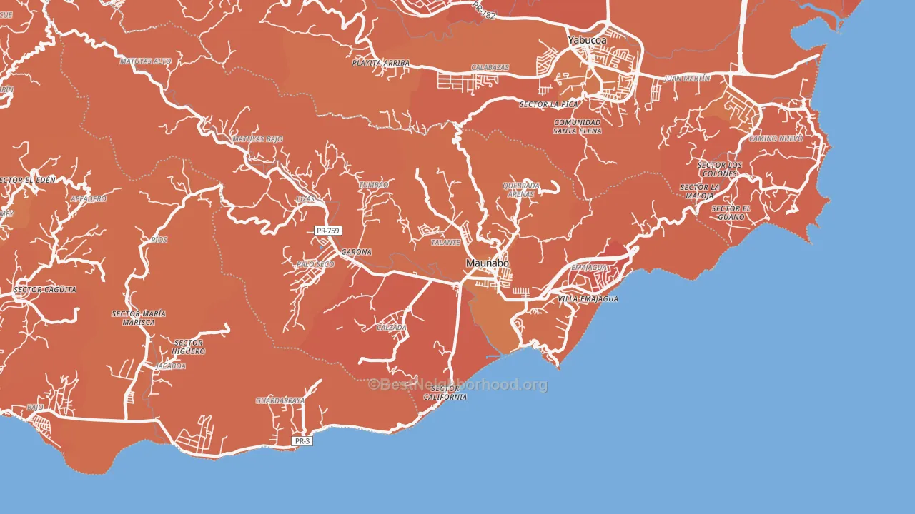 Map of the best neighborhoods in the 00707 area, with better matches in green and worse matches in red