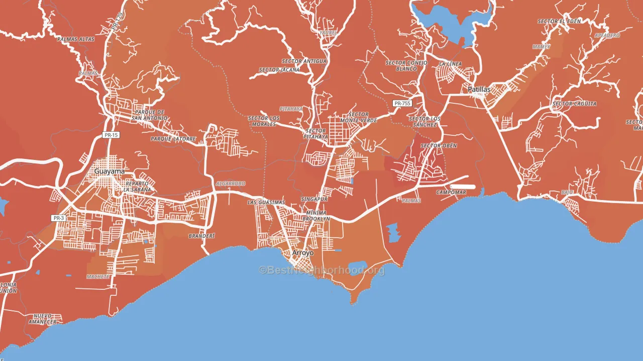 Map of the best neighborhoods in the 00714 area, with better matches in green and worse matches in red