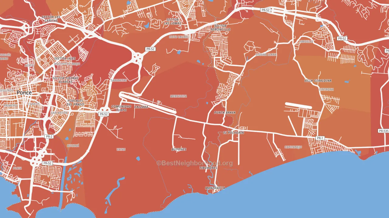 Map of the best neighborhoods in the 00715 area, with better matches in green and worse matches in red
