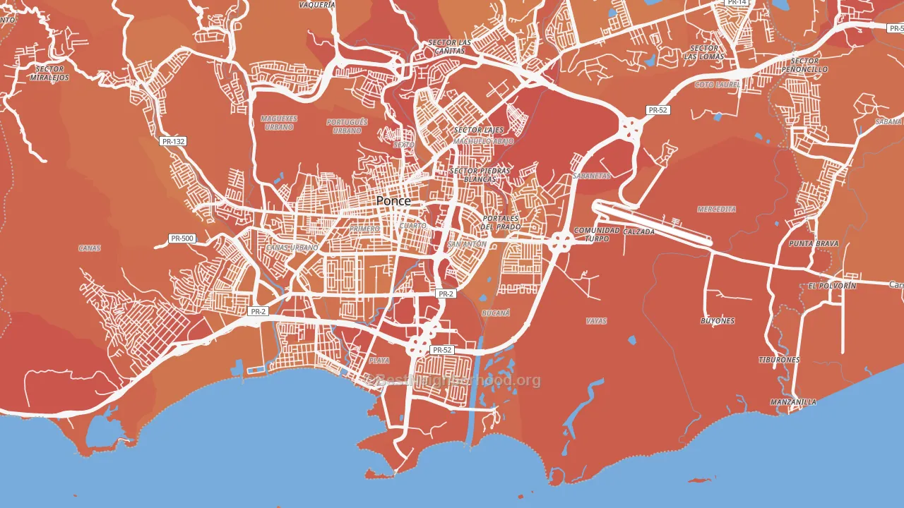 Map of the best neighborhoods in the 00716 area, with better matches in green and worse matches in red