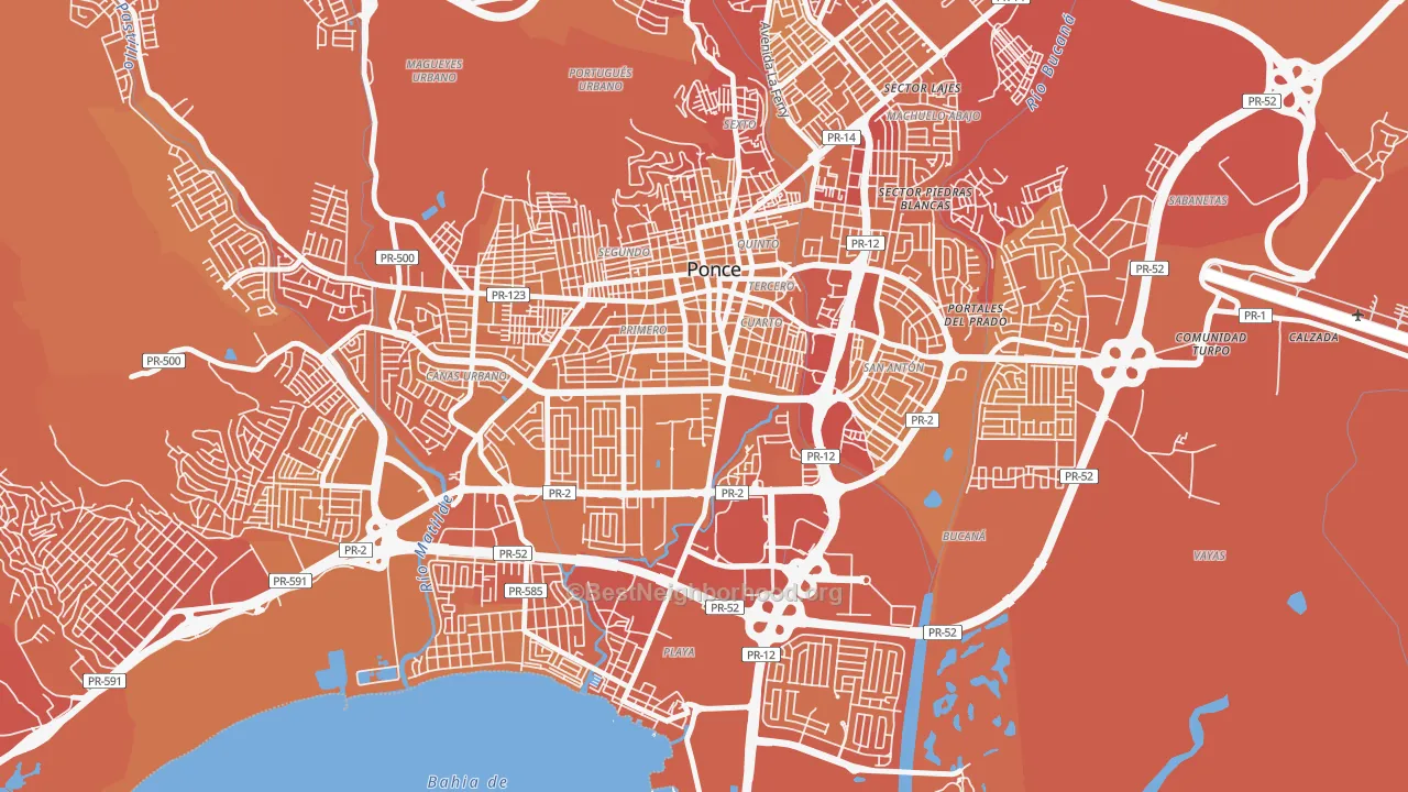 Map of the best neighborhoods in the 00717 area, with better matches in green and worse matches in red