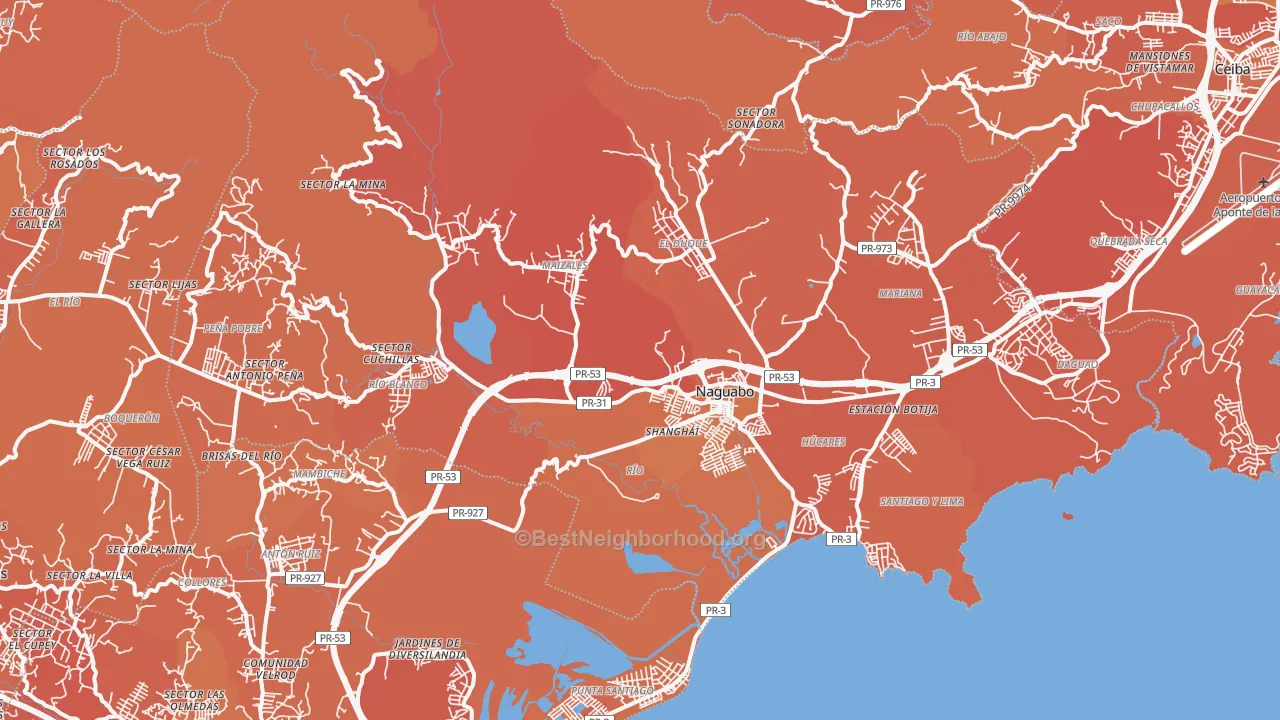 Map of the best neighborhoods in the 00718 area, with better matches in green and worse matches in red