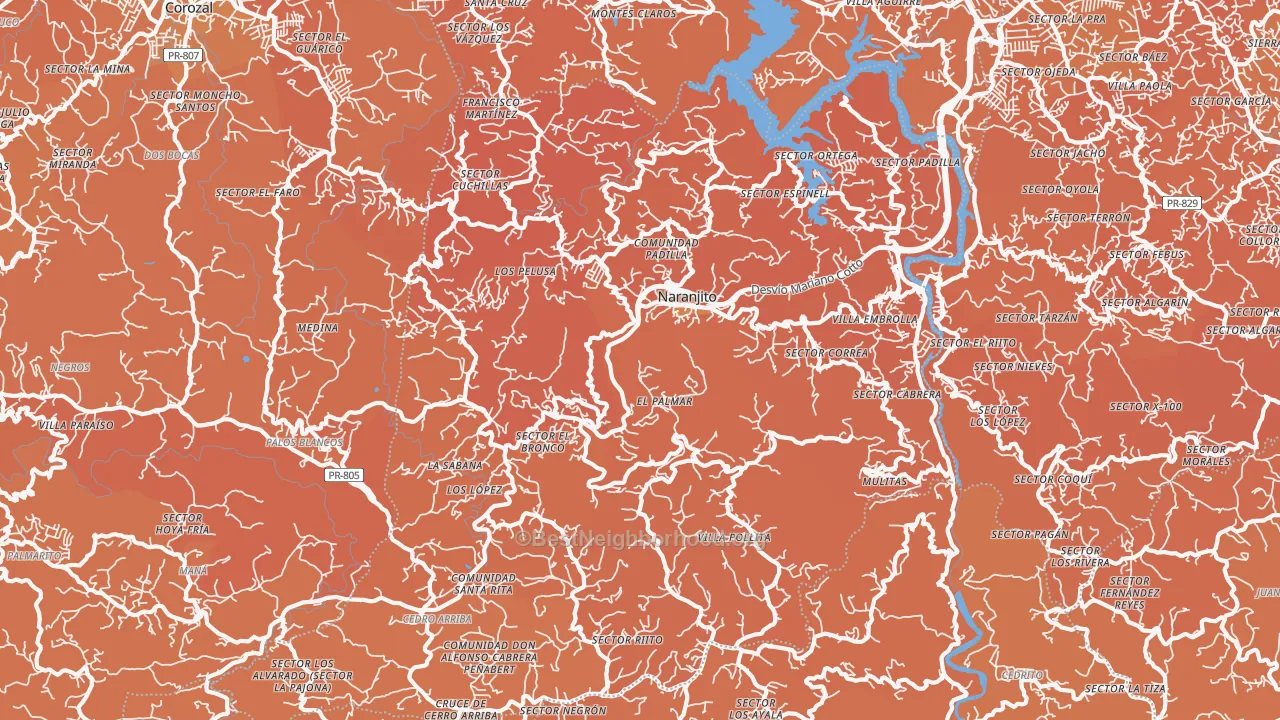 Map of the best neighborhoods in the 00719 area, with better matches in green and worse matches in red