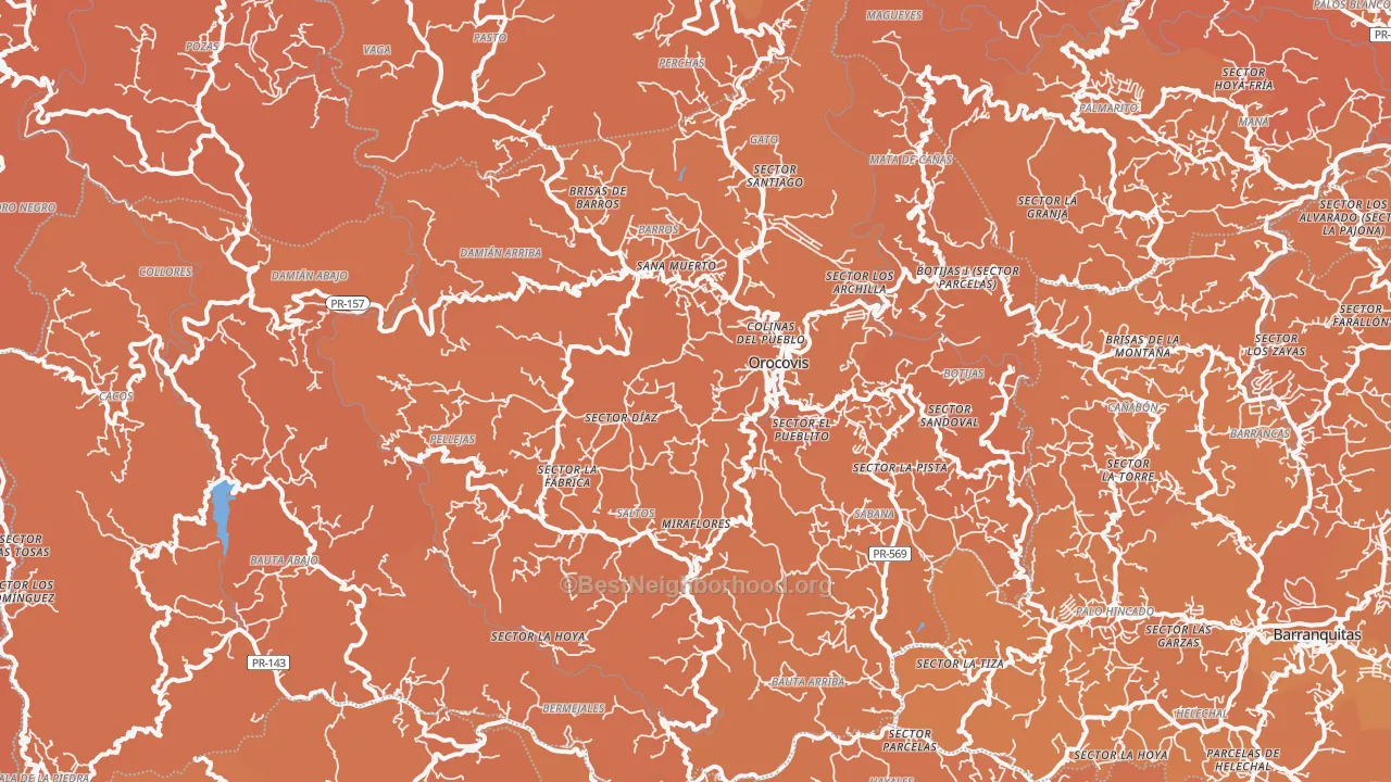 Map of the best neighborhoods in the 00720 area, with better matches in green and worse matches in red