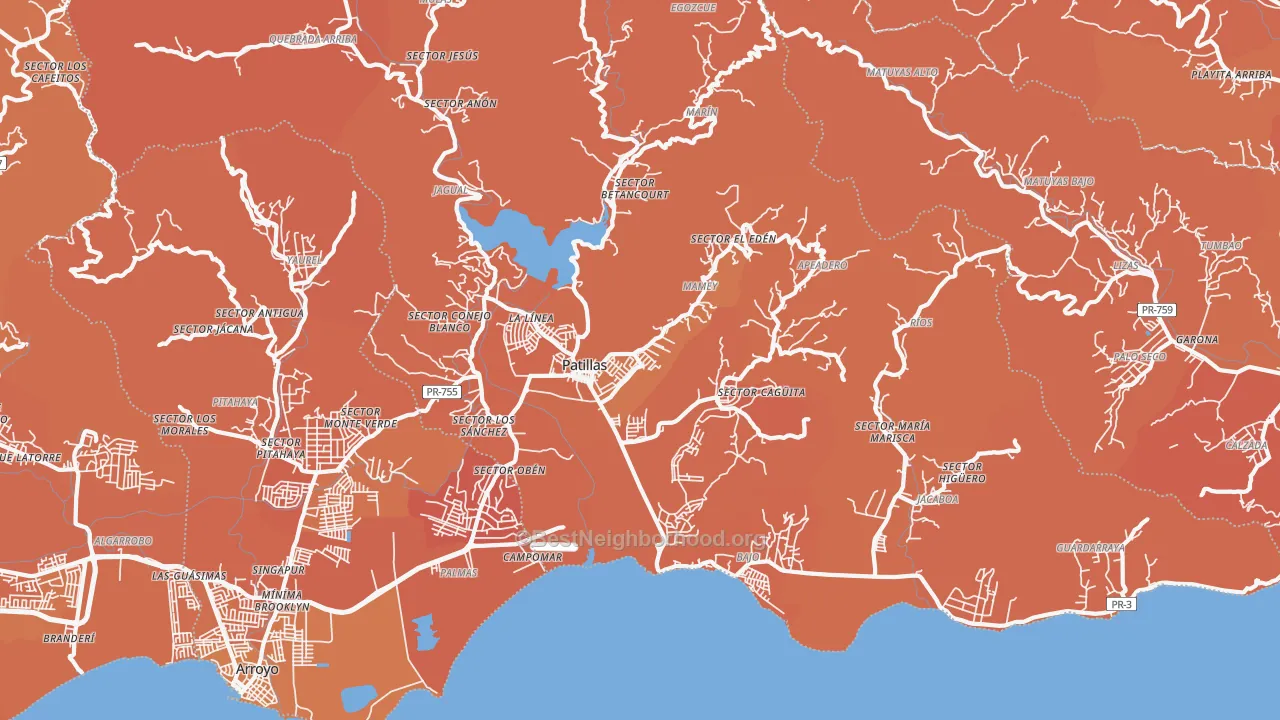 Map of the best neighborhoods in the 00723 area, with better matches in green and worse matches in red